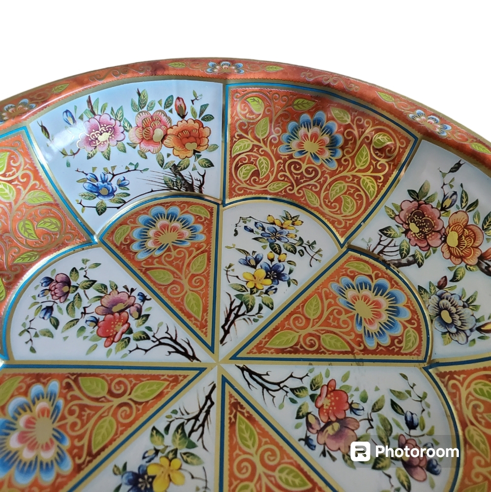 Daher Decorated Ware 1971 Tin Bowl Floral Orange Blue White Made In England - Picture 6 of 11
